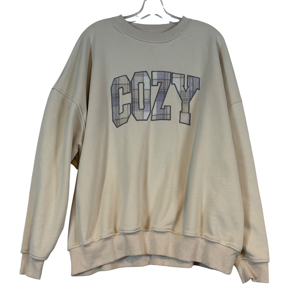 Sunkissed Coconut Tan Cozy Plaid‎ Graphic Oversized Sweatshirt Womens XL Beige